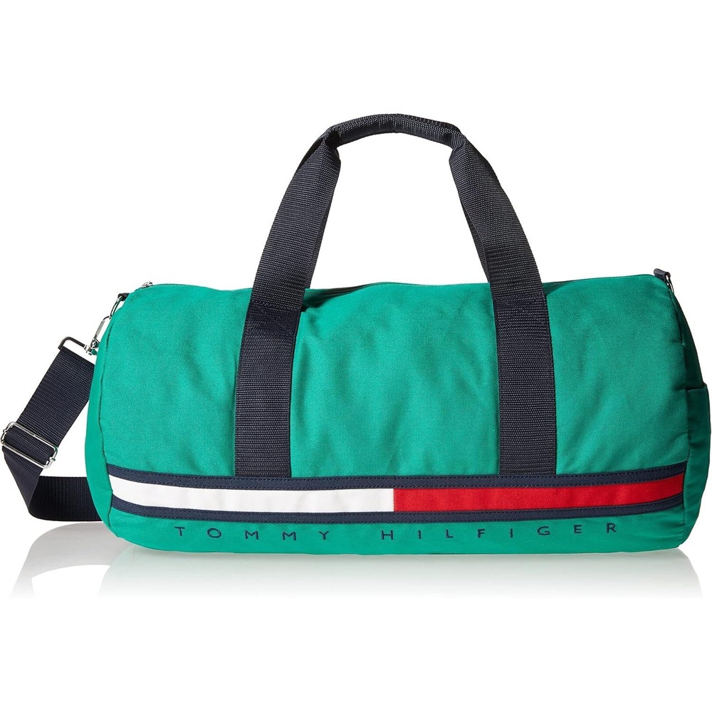 Tommy Hilfiger Duffel Bag Green Navy Trim Logo Stripe Gym Travel Carry On NEW